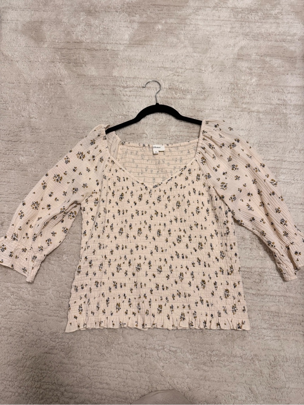 bohme Cream Smocked Floral V‑Neck Peasant Blouse